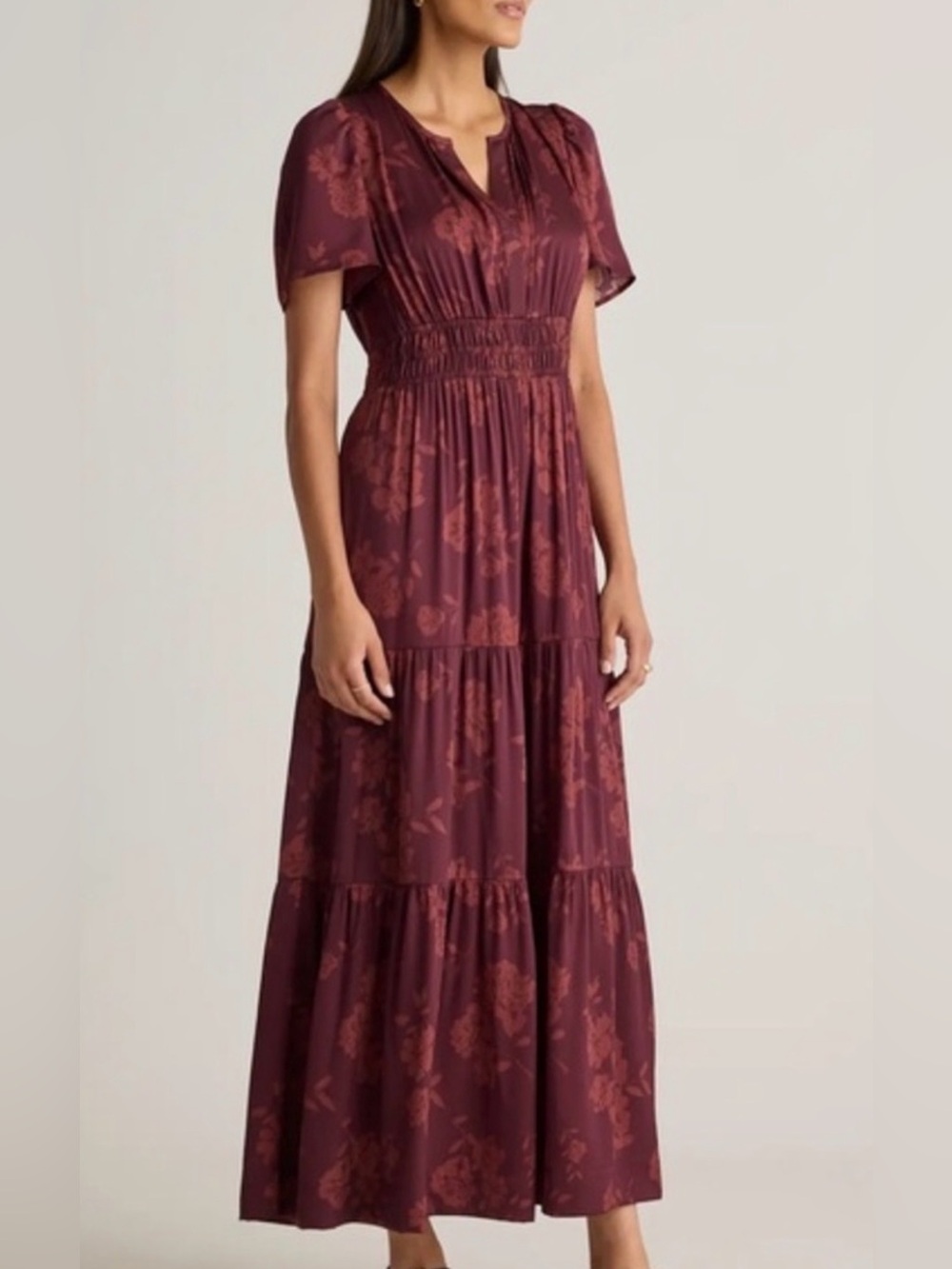 Quince Washable Stretch Silk Tiered Maxi Dress in Ruby Noir Size Small - Picture 3 of 9